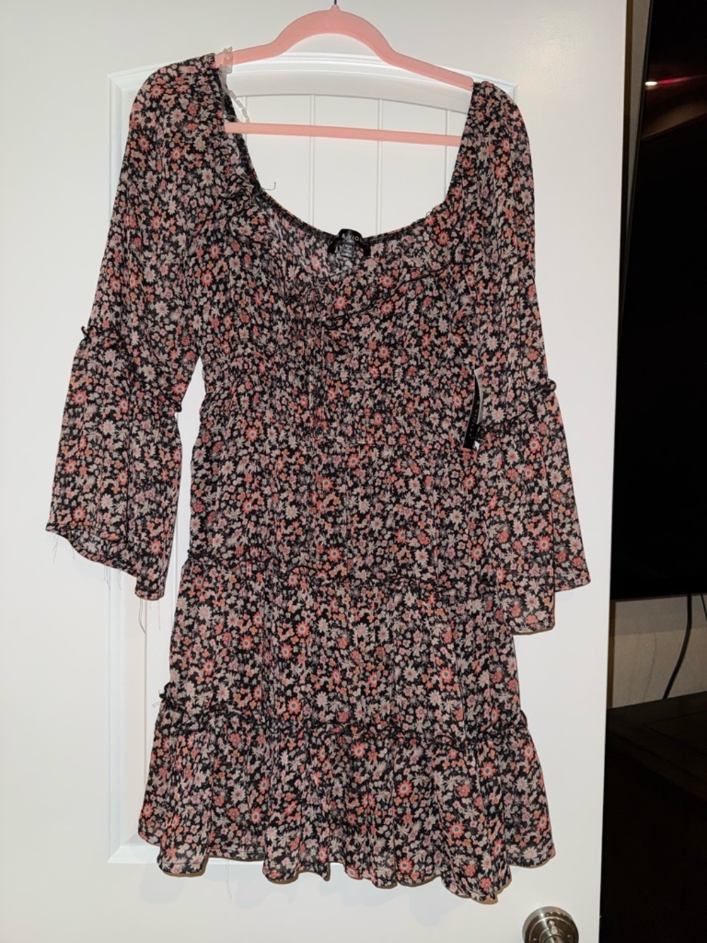 Floral Smocked Waist Mini Dress - Black with Pink Flowers